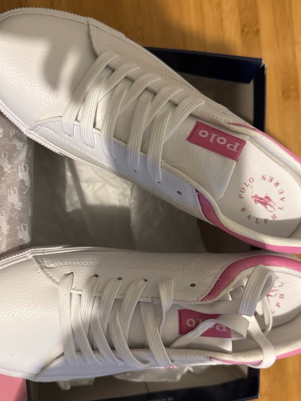 Ralph Lauren White Leather Sneakers with Pink Trim